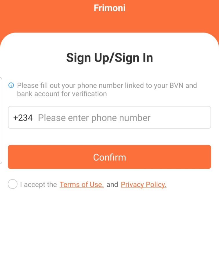 Frimoni mobile app Sign up 
